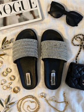 Steve Madden Black Slide Sandals with Silver Rhinestone Strap